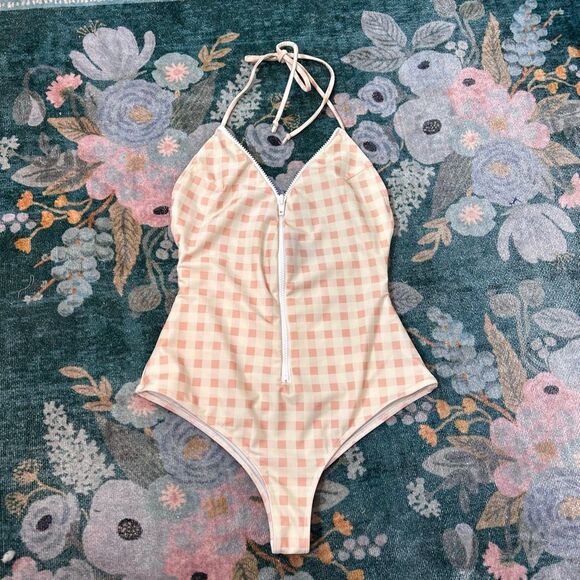 For Love And Lemons Bonnie One Piece Swimsuit Zip Up Small Pink Gingham Halter S - Picture 16 of 16